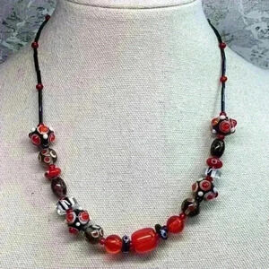 Vintage Red and Black Glass Wedding Cake Beaded Necklace